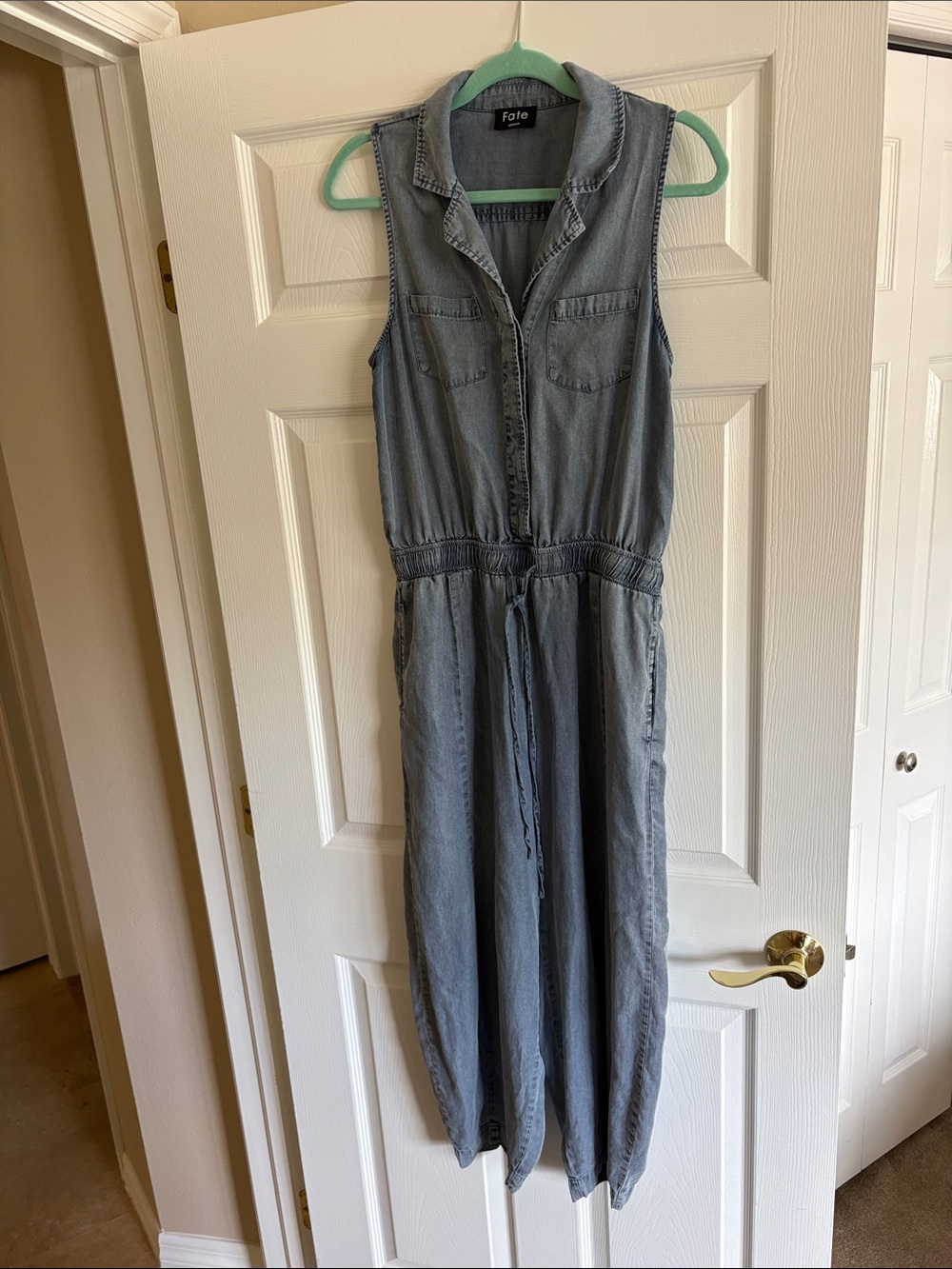 Fate Sleeveless Chambray Drawstring Jumpsuit in Denim Blue